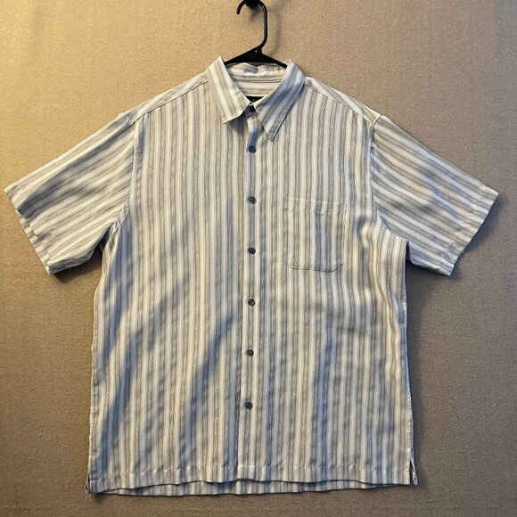 Via Europa Shirt Men's Large Tan and White Striped Short Sleeves - Picture 1 of 11